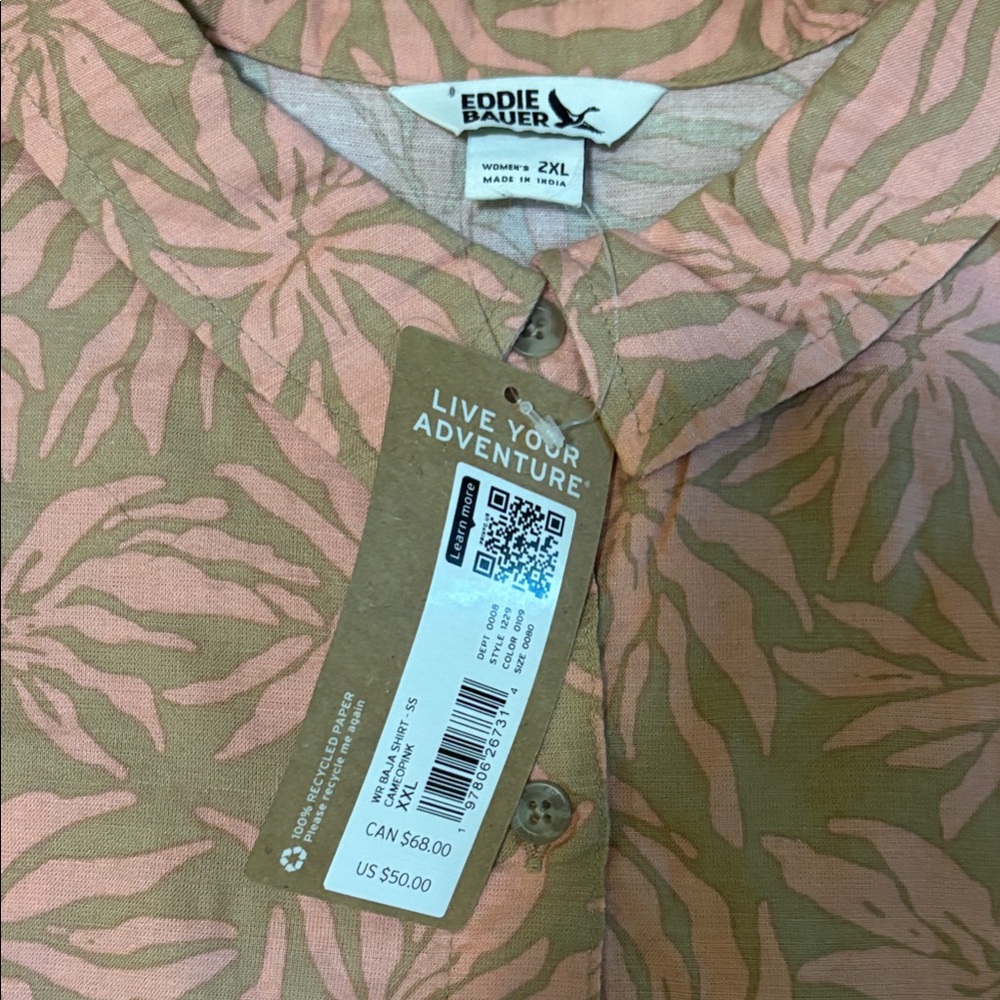 Eddie Bauer Women’s Leaf Pattern Shirt - Pink and Tan